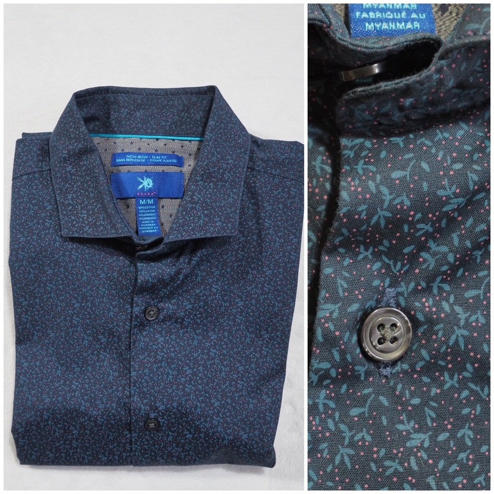 Egara Sz M Blue Floral Casual Button Down Shirt Cotton/Spandex Blend